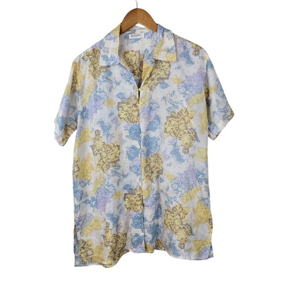 Vintage Top Silk Blouse Button Up Floral Size Medium Blue Yellow Lightweight - Picture 2 of 5